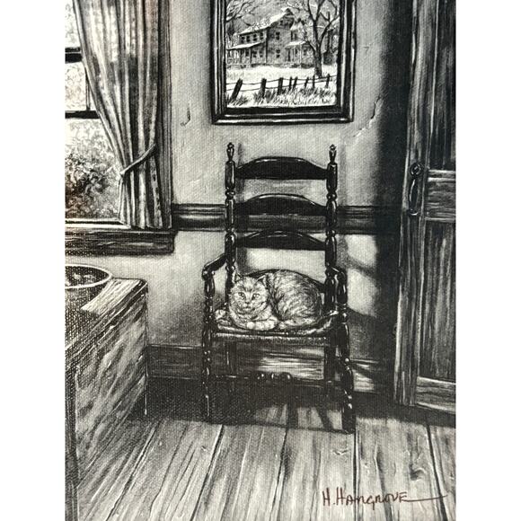 H Hargrove Signed Serigraph Black & White Cat in Chair Farmhouse 8x10" Fine Art - Picture 3 of 7